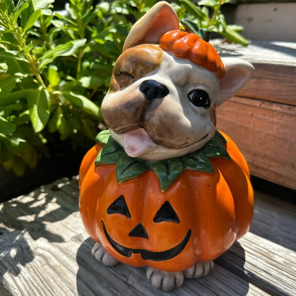Blue Sky Halloween Frenchie Bulldog Dog Pumpkin Figurine Ceramic Statue Decor